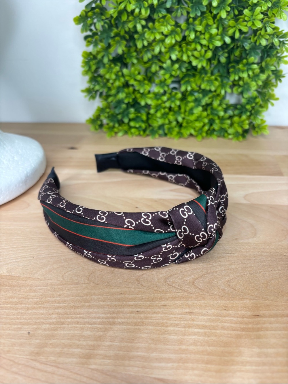 Brown Patterned Knotted Headband with Green Stripe Accent